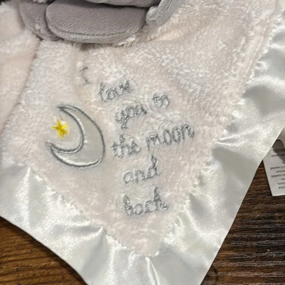 Gray Elephant Rattle Lovey “I Love You to the Moon and Back” blanket plush